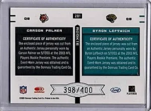 Jersey Carson Palmer, Byron Leftwich 2003 Leaf Rookies & Stars RC Jersey Relic /400 back